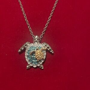 Silver and Gold Sea Turtle Necklace with Gemstone Accents